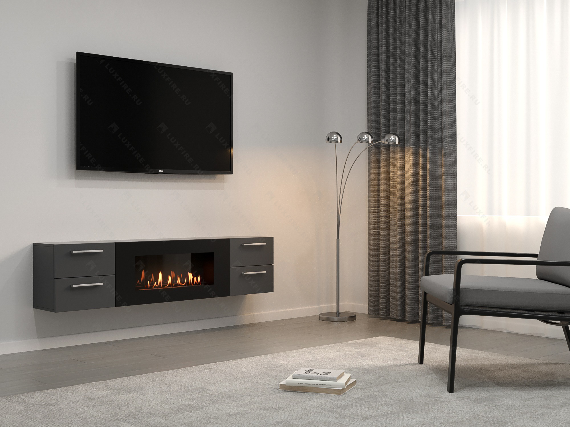 Тумба ТВ Lux Fire "Нева" настенная 1700 матовая, графит с биокамином 900 Тумба ТВ Lux Fire "Нева" настенная 1700 матовая, графит с биокамином 900 по цене 99 070 руб.